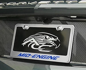 ACC License Plate Frame Blue CF Vinyl 'Mid-Engine' fits 08-21 Chevy Corvette C8 - Picture 1 of 2