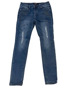 Girls Denim Jeans with Embroidery Y2K 90s  stretch mid rise bling skinny sz 14 - Picture 1 of 6