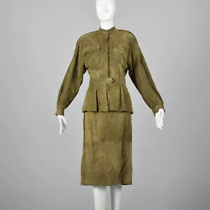 Medium 1980s Safari Style Skirt Suit Long Sleeve Jacket Pockets VTG Green Suede - Picture 1 of 10