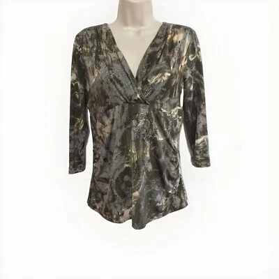 Tribal Top M Gray Green Tan Fair Isle V Neck 3/4 Sl Ruched Sides Babydoll - Image 1 of 4