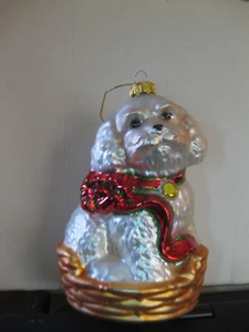 Vetro Perla Bianco Natale Cucciolo Cane in Cesto Ornamento Alto 5 Pollici - Foto 1 di 4