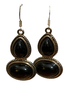 Earrings Pierced Dangle Silver Tone Faux Black Onyx Fashion Costume Jewelry - Picture 1 of 6