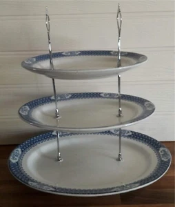 3 TIER LARGE PASTRY CAKE PLATE STAND DISPLAY FLOW BLUE WHITE CORONA WARE DOUBLE - Picture 1 of 10