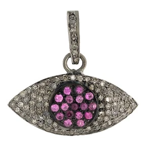 Pink Sapphire Evil Eye Pendant with Diamond Pave Accents Oxidized Silver Charm - Picture 1 of 6