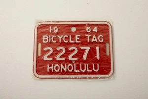Honolulu Bicycle License Plate (R4A/JSF6) Red White Tag 1964 22271 - Picture 1 of 5