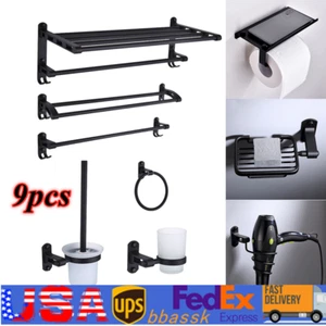 9Pc Soap Dish Toilet Brush Holder Toilet Paper Holder Towel Ring Hair Dryer Rack - Picture 1 of 16