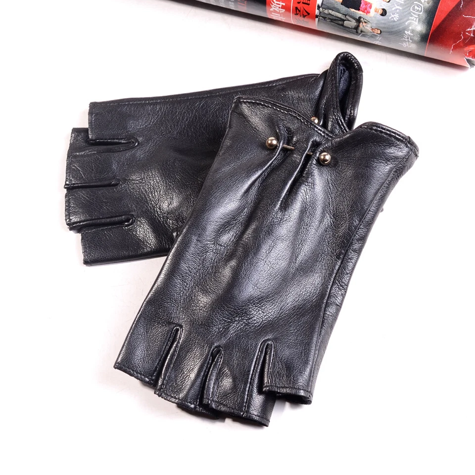 Guantes para mujer y mujer piel de cordero real moda clásicos sin dedos remache mitones Foto 1 de 4
