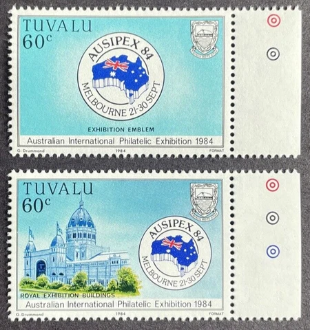 TUVALU 1984 Set of 2 MNH OG w/ Selvege  SCOTT# 257-258 AUSIPEX '84 Cover