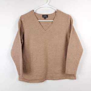Lord & Taylor Sweater Women 1X Brown Tan 100% Extra Fine Merino Wool Knit V Neck - Picture 1 of 10