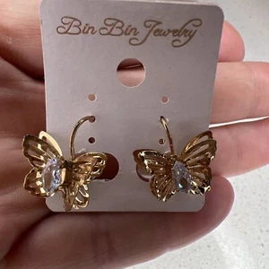 NEU Ohrringe Schmetterling goldfarben 3D Strass wunderschön zierlich - Bild 1 von 6