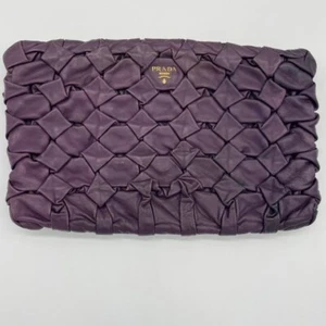 PRADA Clutch Bag Purple Leather Gold Logo Soft Elegant Design - Picture 1 of 10