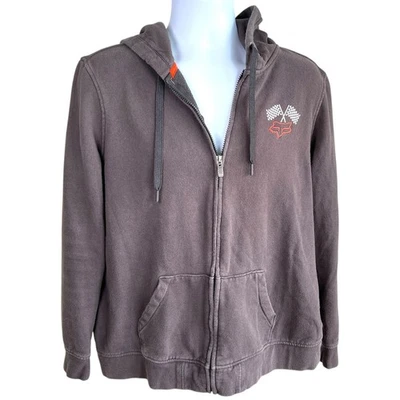 Fox Racing Checkered Flag Zip Up Hoodie Gray Womens Extra Large Y2K Racing Moto - Image 1 of 4