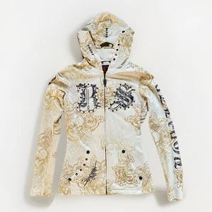 Rebel Spirit Royalty Zip Up Hoodie Women’s Medium Embellished Beige And Black - Picture 1 of 22