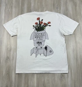 Camicia Stussy Vintage Uomo Media Bianca Remixata Classici Fiori Pace Skate Rara - Foto 1 di 11