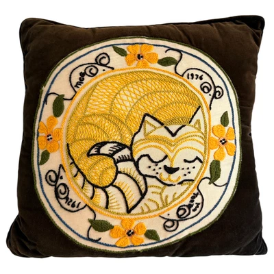 Cat Embroidery Pillow Cushion Sleeping Kitty Floral Vintage 1976 Velvet Back 13" - Image 1 of 4