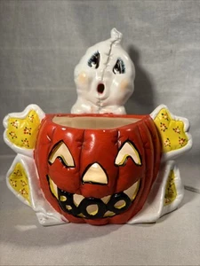 Vintage 1980s Nowell’s Mold Ceramic Ghost Pumpkin Halloween Decor Light Up - Picture 1 of 15