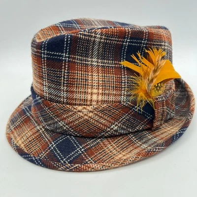 Chapéu Fedora Masculino Vintage Xadrez Lã Virgem 6 7/8 Pena Acento Outono - Imagem 1 de 4