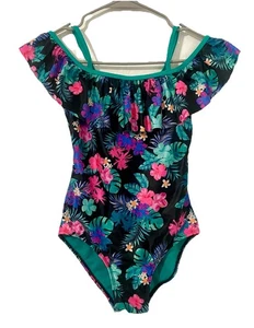 Kohl’s SO Floral Swimsuit 1-Piece Off-Shoulder Ruffle Neck Girl’s Size M/10 - Picture 1 of 6