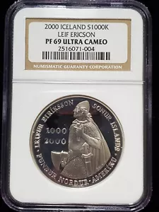 2000 Silver Iceland 1000 Kronur Leif Ericson NGC Proof 69 Ultra Cameo (Z-0282) - Picture 1 of 2
