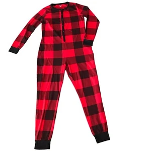 Old Navy Pajamas Large Buffalo Plaid Holiday Thermal Waffle Red One Piece Xmas - Picture 1 of 10