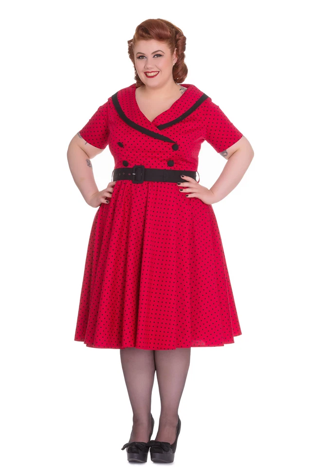 Hell Bunny Retro Fashion Mimi Polka Dot V-neck Fit and Flare belted Dress - Image 1 of 4