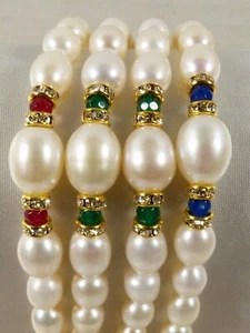 Brazalete Ovalado Perla Graduada Blanco Piedra Preciosa 4 Hebras Tono Dorado - Imagen 1 de 12