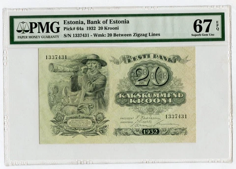 1932 Estonia 20 Krooni Banknote PMG 67 EPQ Superb Gem P-64a Currency - JP085 Cover