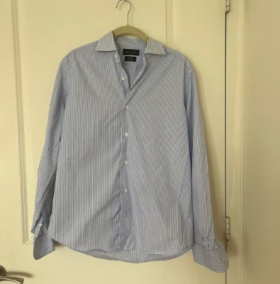 Massimo Dutti Mens Shirt Striped White Blue Button Down Cotton Classic size 15.5 - Image 1 of 4