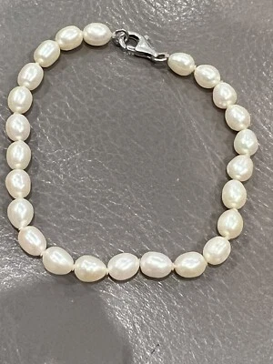 "Pulsera de plata 925 y perlas reales de 6x7 mm con cuentas de 8""" Foto 1 de 4