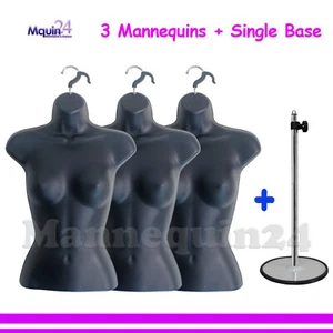 3 PCS BLACK MANNEQUIN FEMALE TORSOS + 1 STAND + 3 HANGERS -WOMEN'S DRESS FORMS - Picture 1 of 6