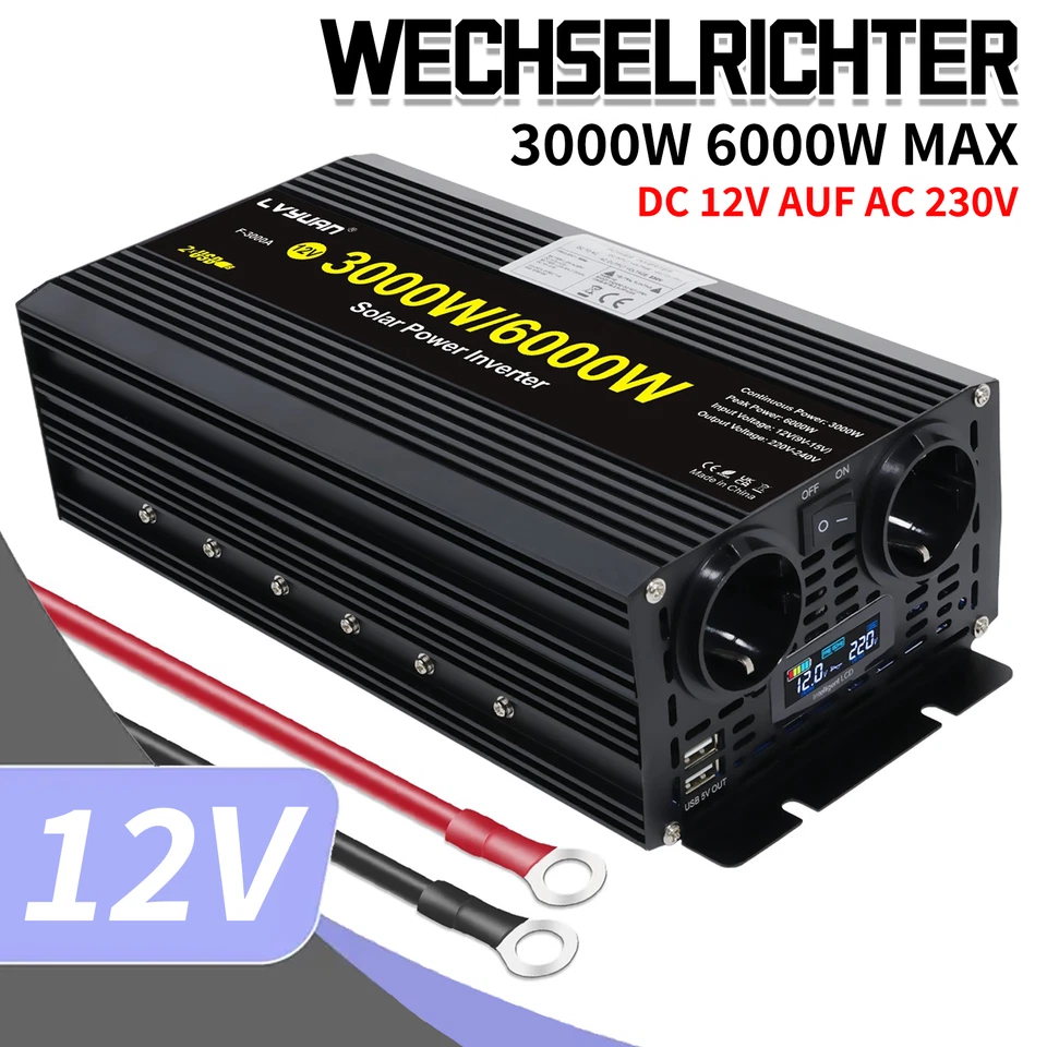 LVYUAN Wechselrichter 12V auf 230V 3000W 6000W Spannungswandler 2EU Steckdosen LED 2USB