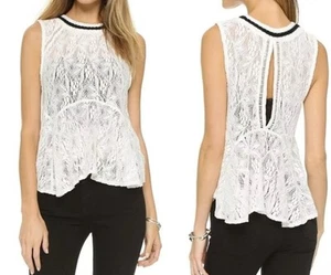 Free People White Floral Lace Blouse Crew Neck Sleeveless Pullover Tank Top Sz L - Picture 1 of 9