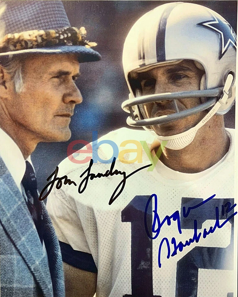 Foto assinada por Tom Landry & Roger Staubach 8x10 HOF Dallas Cowboys SB MVP Heisman  - Imagem 1 de 1