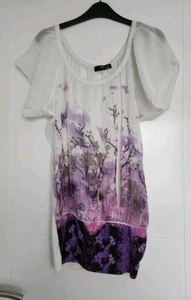VINTAGE JANE NORMAN WHITE PURPLE JAPANESE FLORAL CHIFFON BLOUSON BLOUSE TOP 10 - Picture 1 of 6