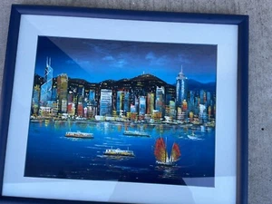 Hongkong Victoria Hafen gerahmt Original Kunst lebendige Farbe Acryl lh-fbm - Bild 1 von 5