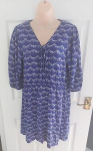 NEXT BLUE PUFF SLEEVE TIE NECK SMOCK SLIP MINI DRESS 16 - Picture 1 of 7