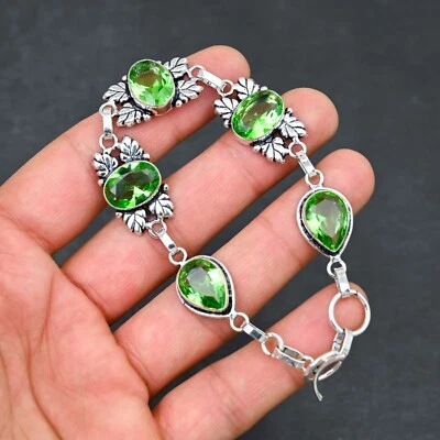 Green Peridot Gemstone 925 Sterling Silver Bracelet Handmade Jewelry Gift For - Image 1 of 4