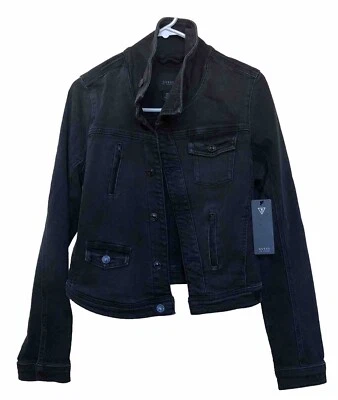 Chaqueta de Motocicleta Guess Mujer Denim Negra Recortada Mediana Botón Completo Foto 1 de 4