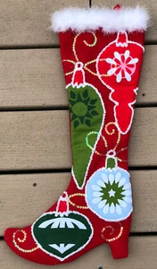 PIER 1 Imports Christmas Stocking Red Pink Victorian Boot Feathers Sequin Trim - Picture 1 of 5