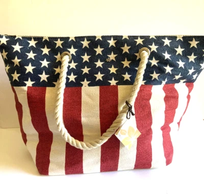 NWT Cappelli Straworld Straw Handbag Totebag Flag Red White Blue 21 X 14 X 8 - Image 1 of 4