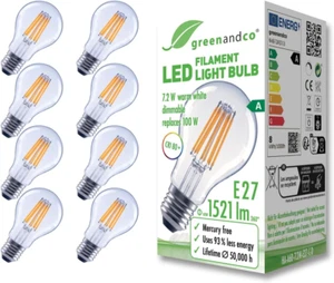 8 Lampadine a Filamento LED Trasparente | Dimmerabile | E27 A60 | 7,2 W 1521 Lm - Foto 1 di 12