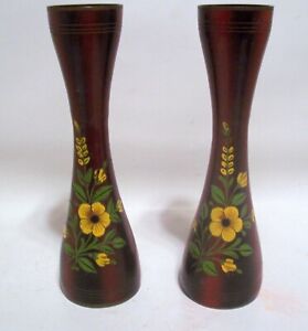 (2) Vintage Solid Brass Bud Vases Red Enamel Hand Painted Floral Design 10"  
