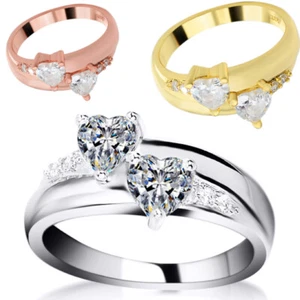 Solid 925 Silver Heart CZ Engagement Promise Ring 14k Yellow Rose Gold Plated - Picture 1 of 8