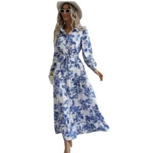 NEU SHEIN blau-weiß geblümtes Kleid Dress Gr. XL Langarm voller Rock Maxi - Bild 1 von 13
