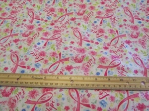 2 Yards White With Pink Ribbons and Flowers Breast Cancer Cotton Fabric - Picture 1 of 1
