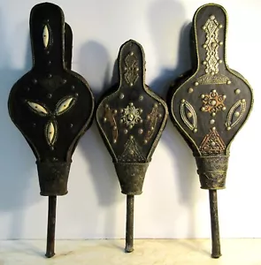 Set of Three Antique Moroccan Bellows Wall Decor Wood Leather Silver - Picture 1 of 11