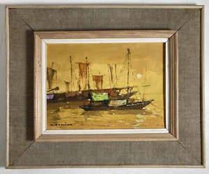 Vintage Original Oil Painting Vietnam Artist SAIGON ERA MCM River Boats Signed - Picture 1 of 14