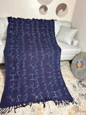 Authentic African Fringe Mudcloth Indigo Textile Boho Shibori Blanket Throw - Image 1 of 4