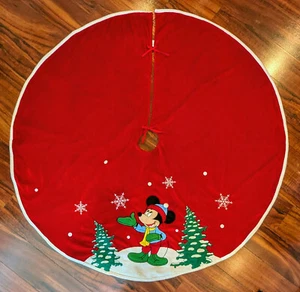 Mickey Mouse Christmas Tree Skirt 48” Velvet Red Green Disney Snow Snowflakes - Picture 1 of 12