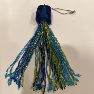 Unique Chunky Blue Glass Rectangle Mixed Bugle Bead Fringe Tassel - Picture 1 of 12